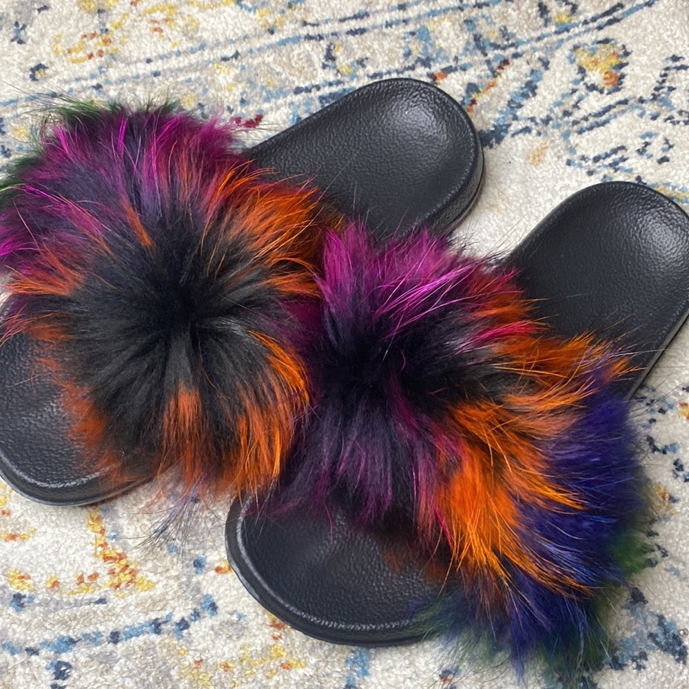 Rainbow fur slides - size 9